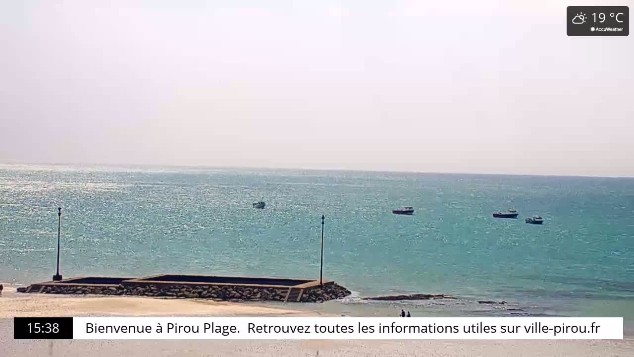 A mostly sunny, 19°C day shows a calm teal ocean with several small boats and a low stone wall on a sandy beach.