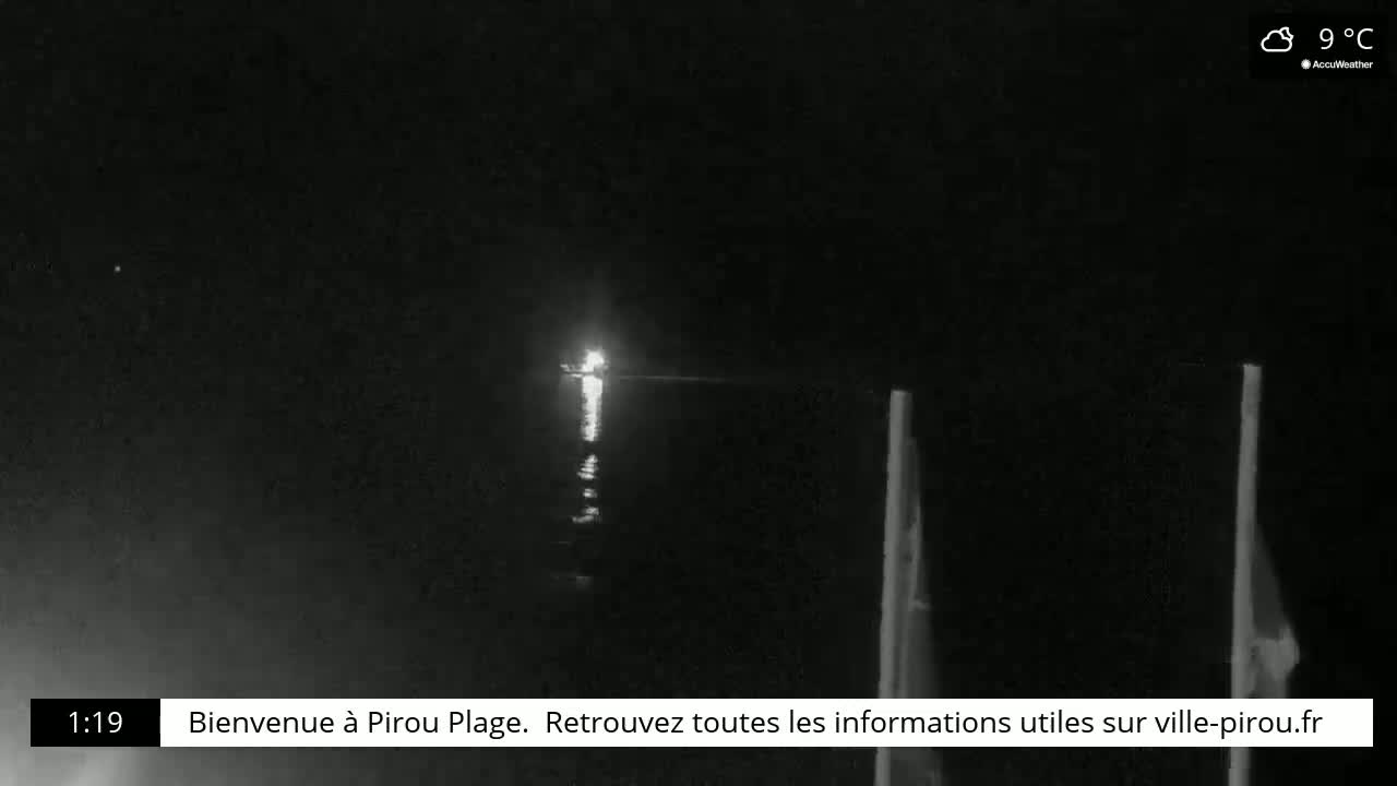 A nighttime, cloudy scene shows a distant light on the water.