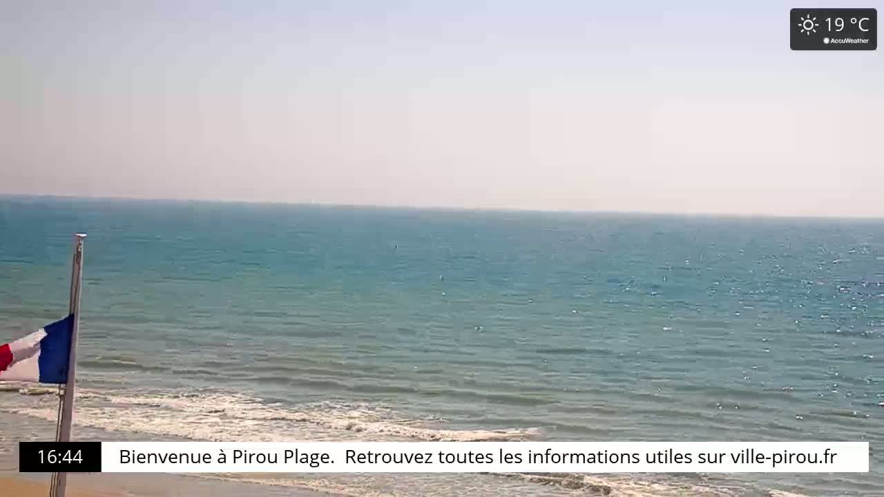 A French flag flies near a calm ocean under a clear, sunny sky.