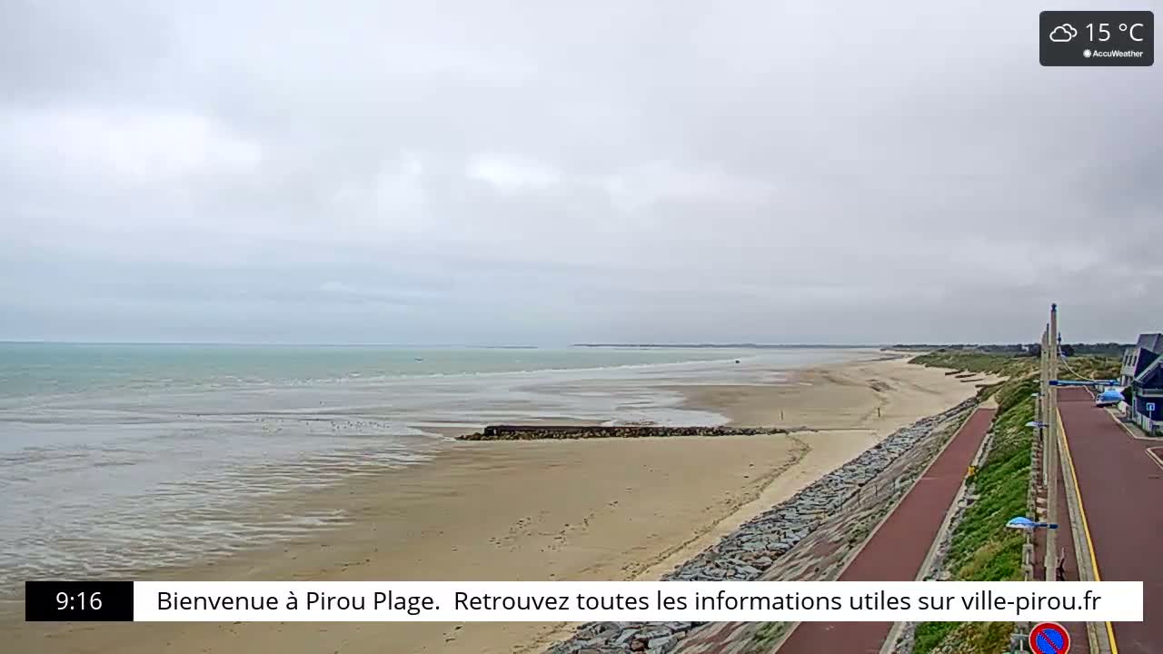 A long sandy beach stretches to a calm, light-blue ocean under an overcast sky.