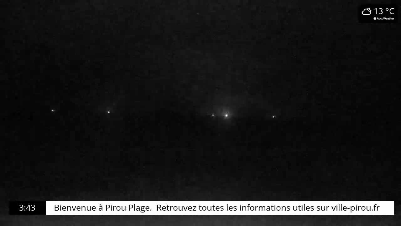 A nighttime, dark scene shows a line of distant lights under a cloudy, 13°C sky.