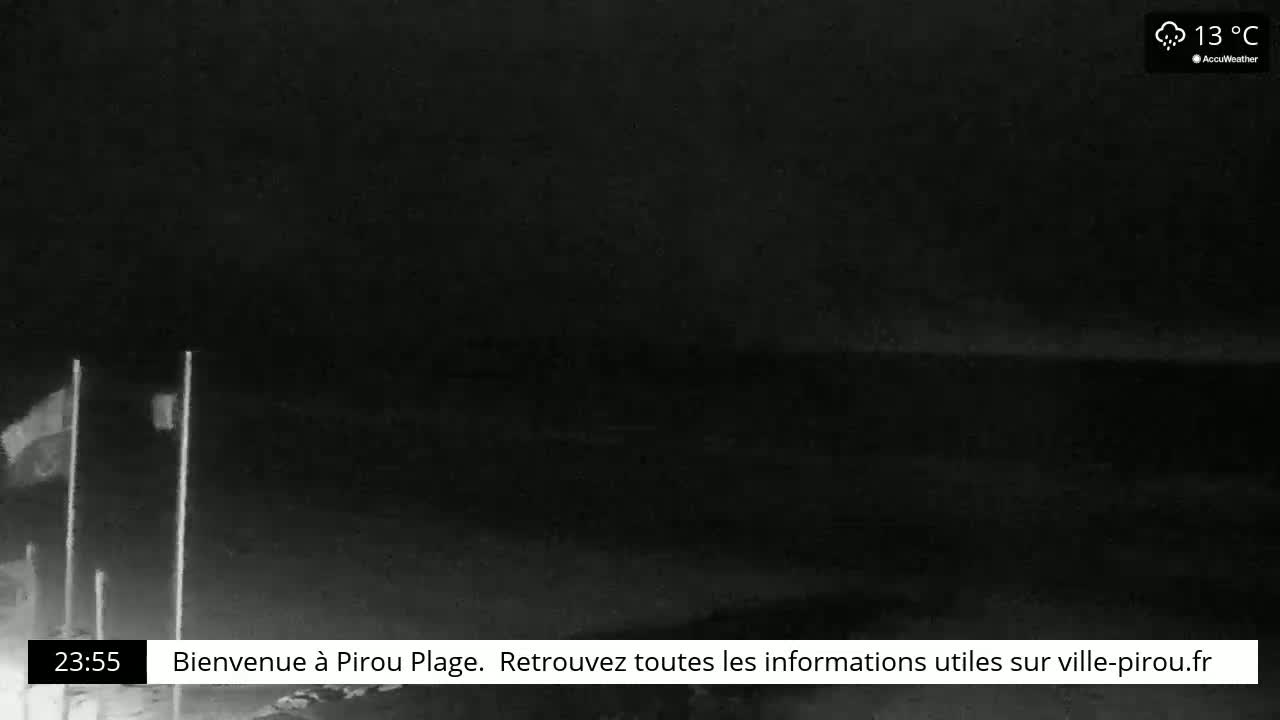 A dark nighttime beach scene with a few flagpoles and light rain at 13°C.