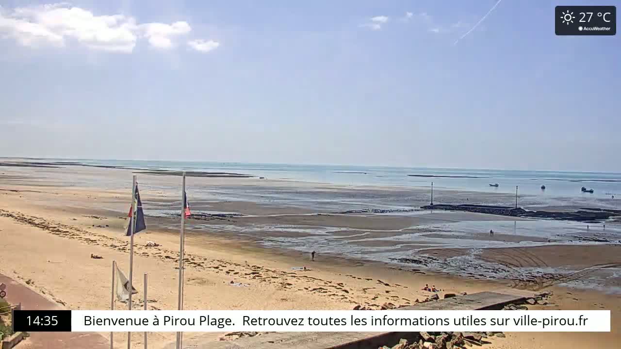 A sandy beach with a few people on it stretches out to a calm ocean under a sunny sky.