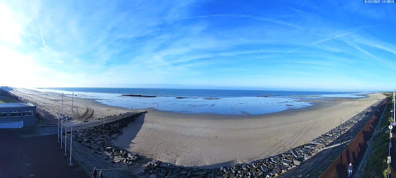 A wide panoramic view captures a sandy beach and a choppy ocean under a partly cloudy sky, with a rocky seawall and paved path running alongside the shore.