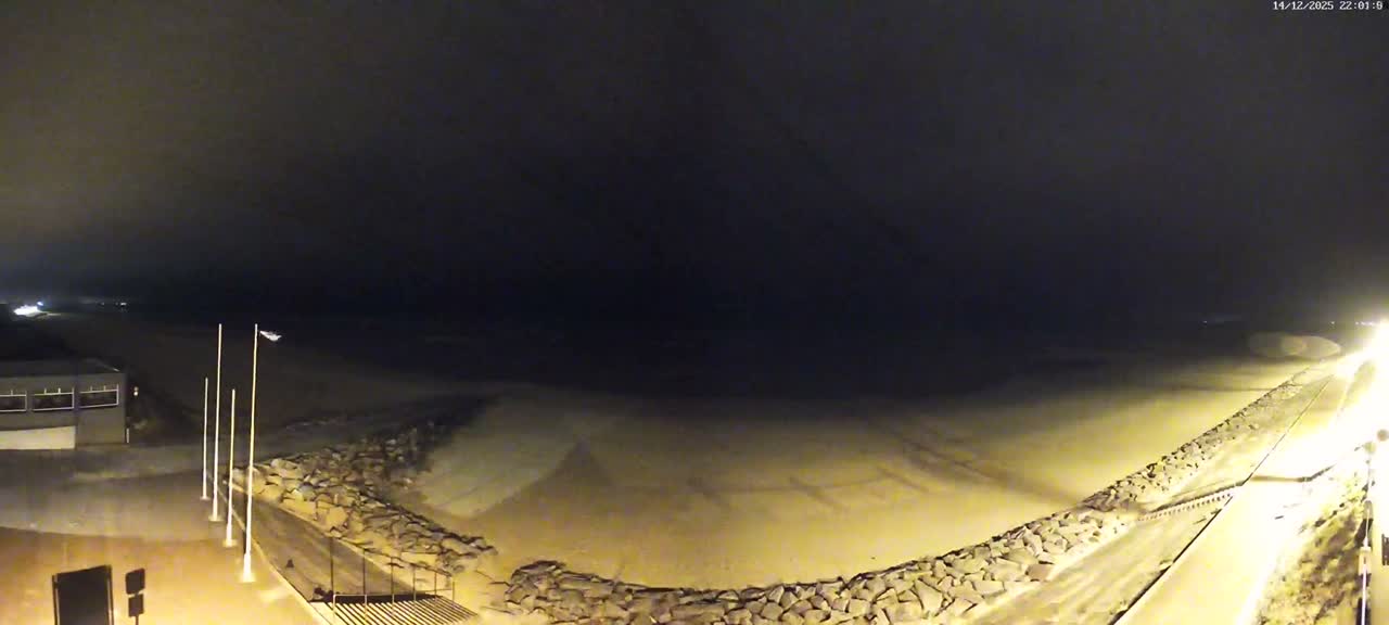 A wide panoramic view captures a sandy beach and a choppy ocean under a partly cloudy sky, with a rocky seawall and paved path running alongside the shore.