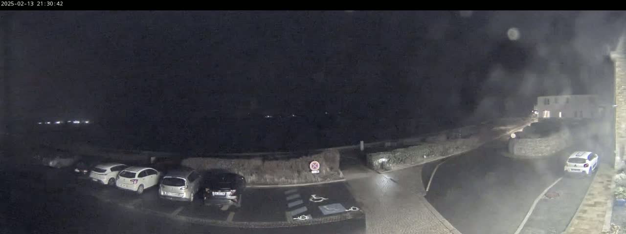 Several cars are parked in a dark, nighttime parking lot, with a building visible in the background under hazy, wet weather conditions.
