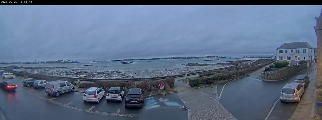 Several cars are parked in a lot overlooking a calm body of water under an overcast sky on a wet, possibly rainy day.