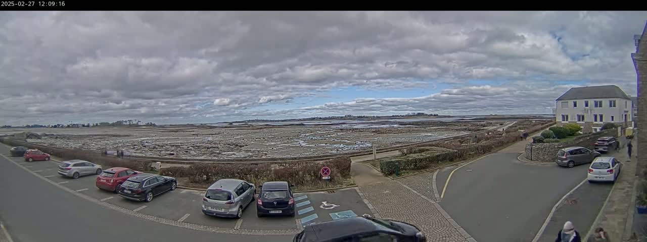 A parking lot with several cars is situated near a coastal area under a cloudy sky, with a distant view of a flat expanse of land and water.
