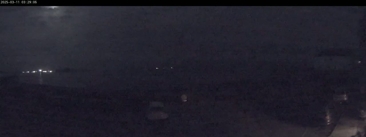 A dark, nighttime scene shows a few indistinct shapes in the foreground, with distant lights visible on a horizon under a cloudy sky.