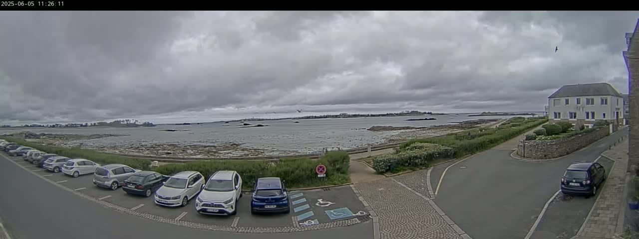 A parking lot with several cars is situated near a calm body of water under an overcast sky, with a building and some low vegetation visible in the background.