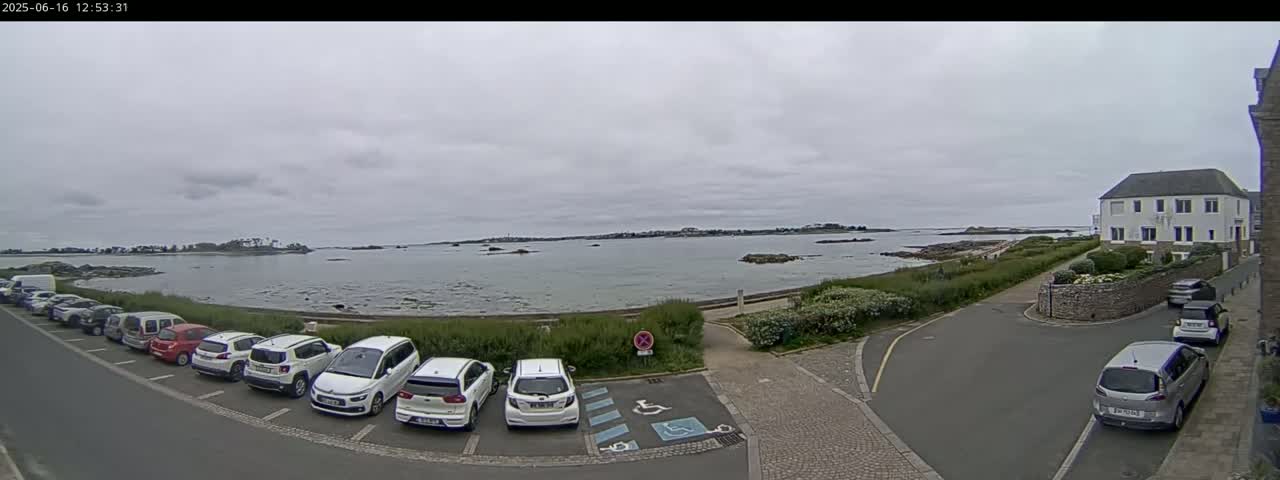 A parking lot with several cars is next to a calm body of water under an overcast sky, with a building and greenery visible in the background.