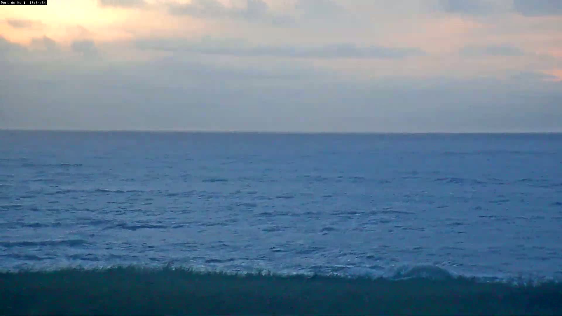 A calm, blue ocean with a slight pinkish-orange sunset in the sky meets a dark green shoreline.