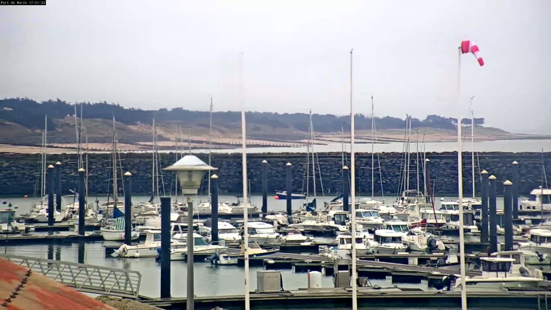Many boats are docked in a marina on a cloudy day, with a windsock indicating wind.