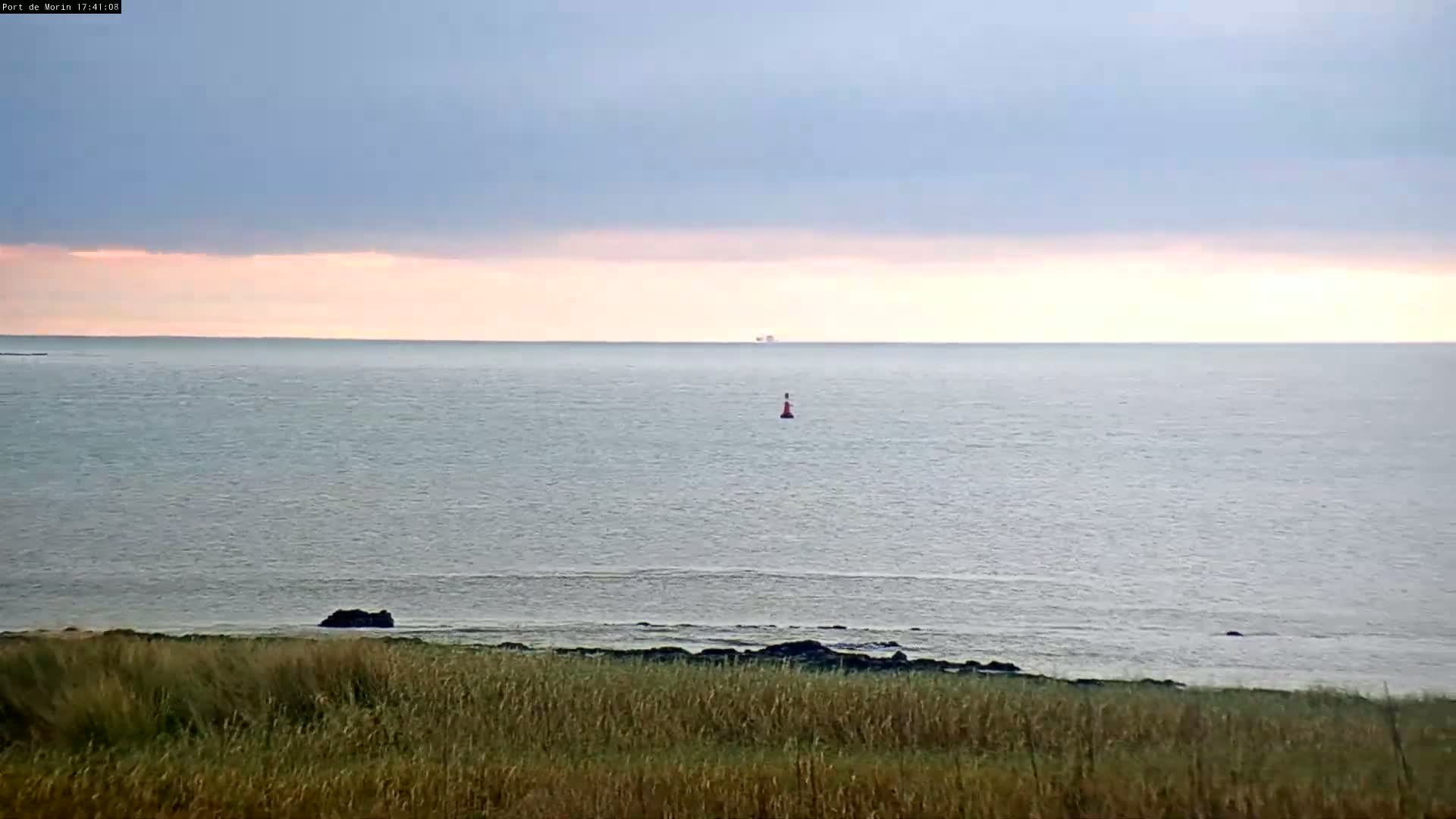 A calm ocean under a partly cloudy sky with a single buoy visible in the water, and tall grass in the foreground.