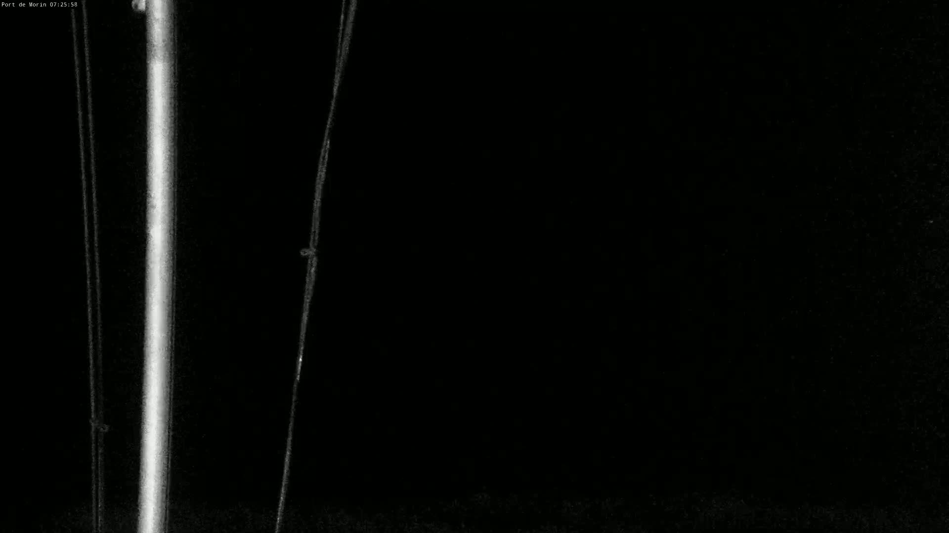 A bright vertical pole and two thinner, darker vertical lines are visible against a completely black background at night.