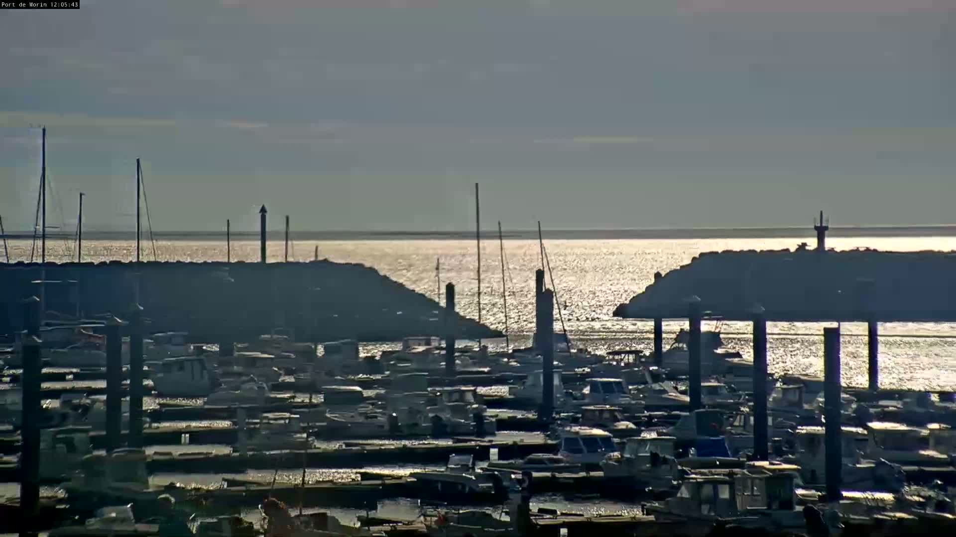 A marina filled with numerous boats is situated on calm, sunlit water, with breakwaters and distant landmasses visible under a mostly clear sky.