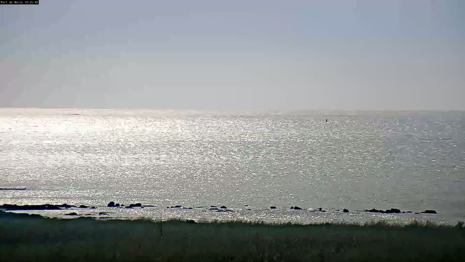 A calm, glistening sea stretches to a hazy horizon, with a rocky shoreline and grassy land in the foreground under a mostly clear sky.