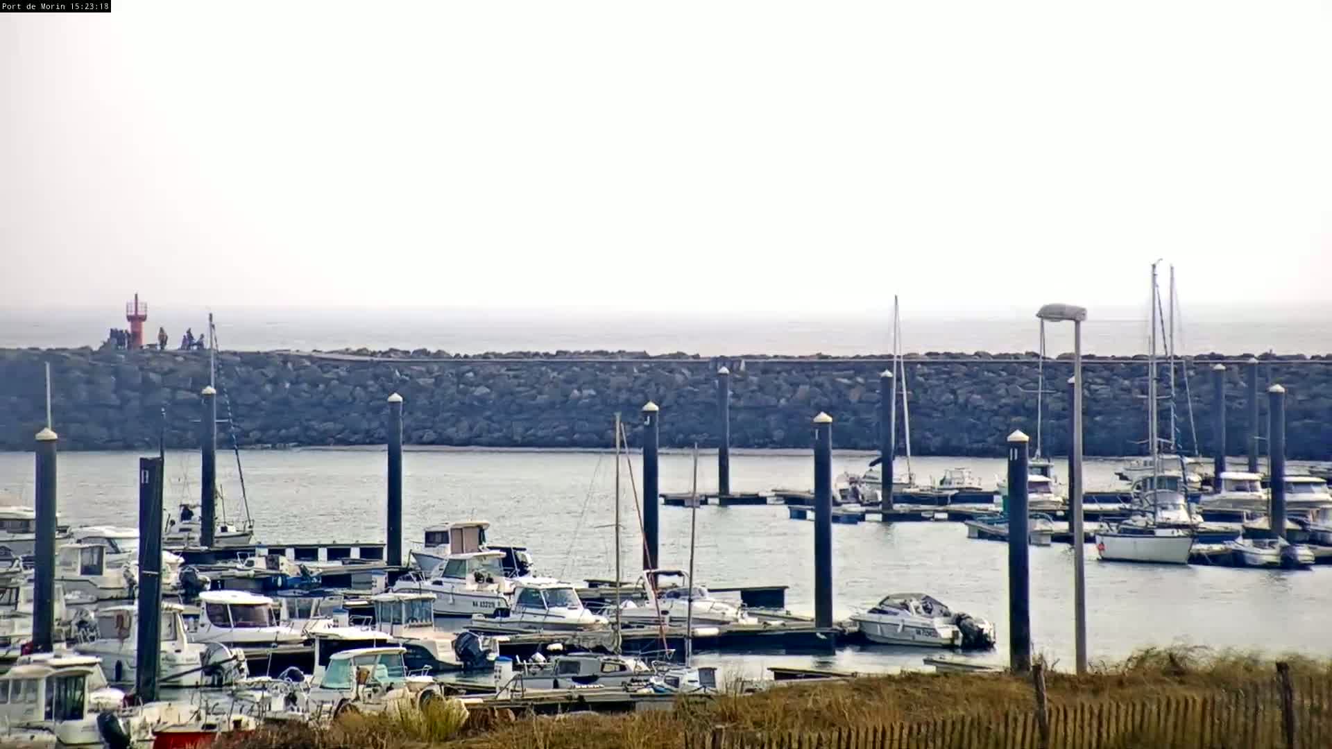Many boats are docked at a marina behind a low rock wall, under an overcast sky.