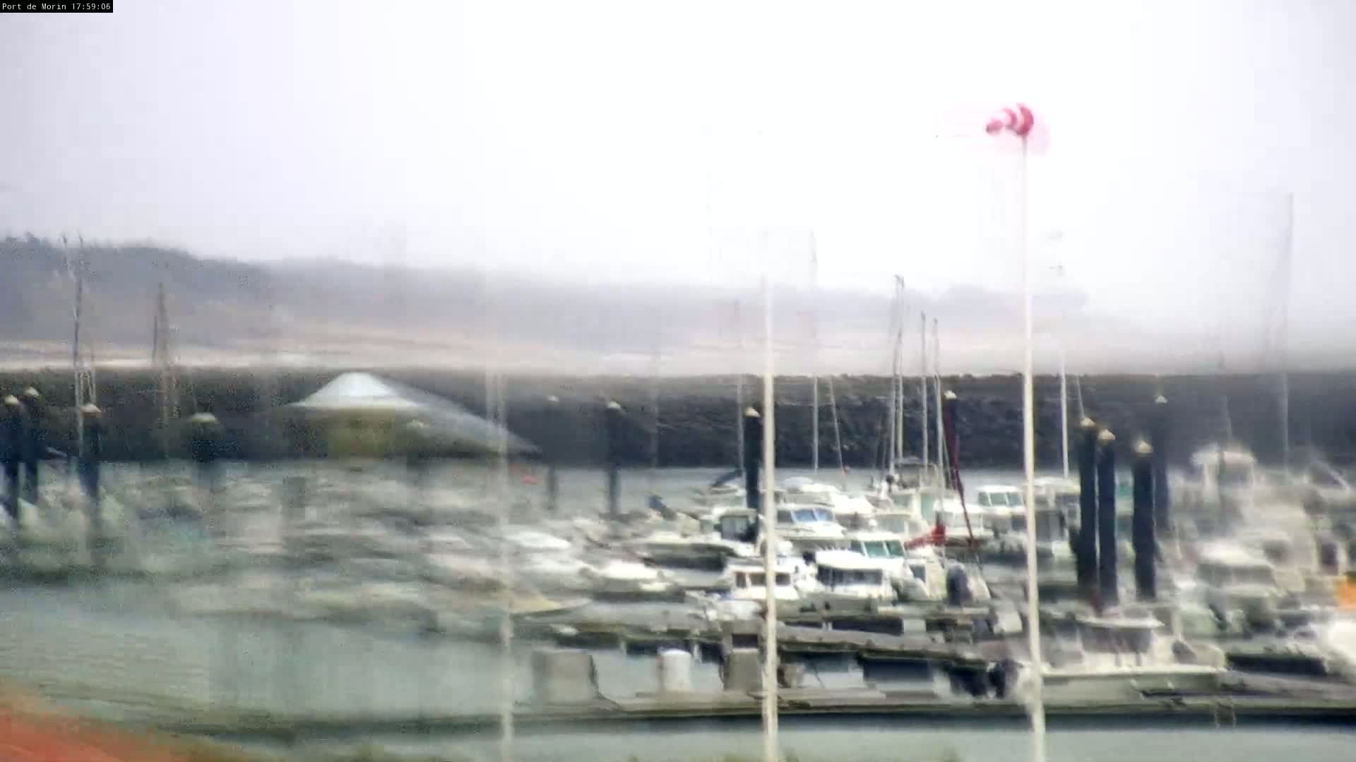 Numerous boats are moored in a harbor during a windy, overcast day.