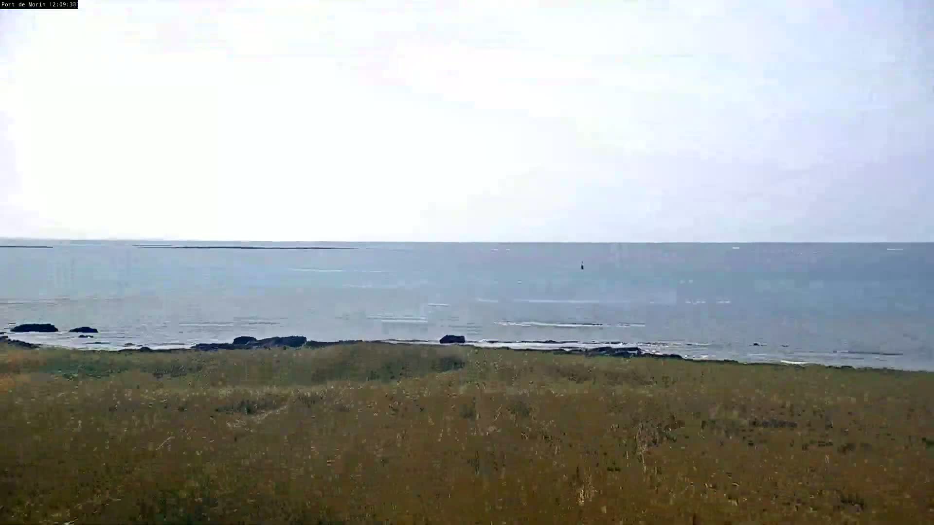 A calm, gray ocean stretches to the horizon behind a foreground of brown, grassy dunes under an overcast sky.