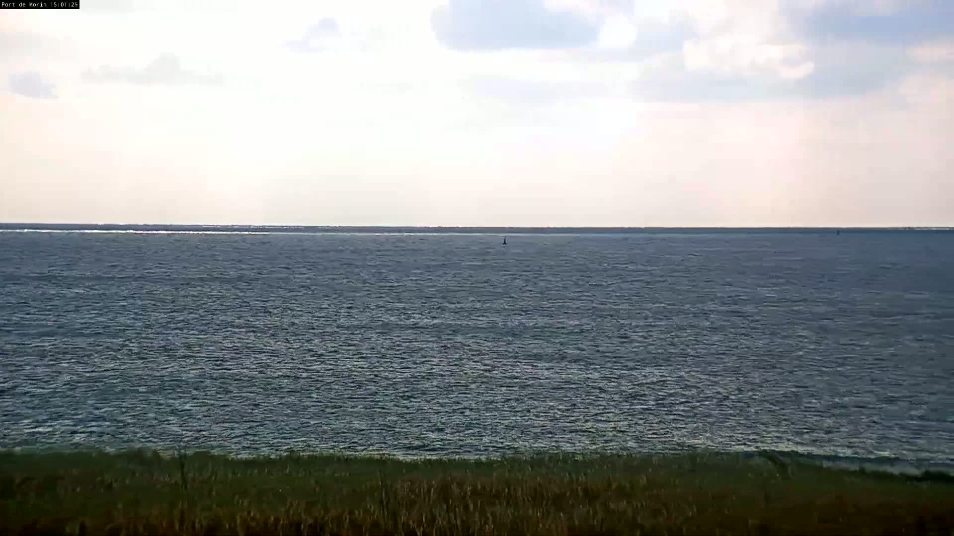 A calm body of water is visible from a grassy shoreline under a partly cloudy sky.