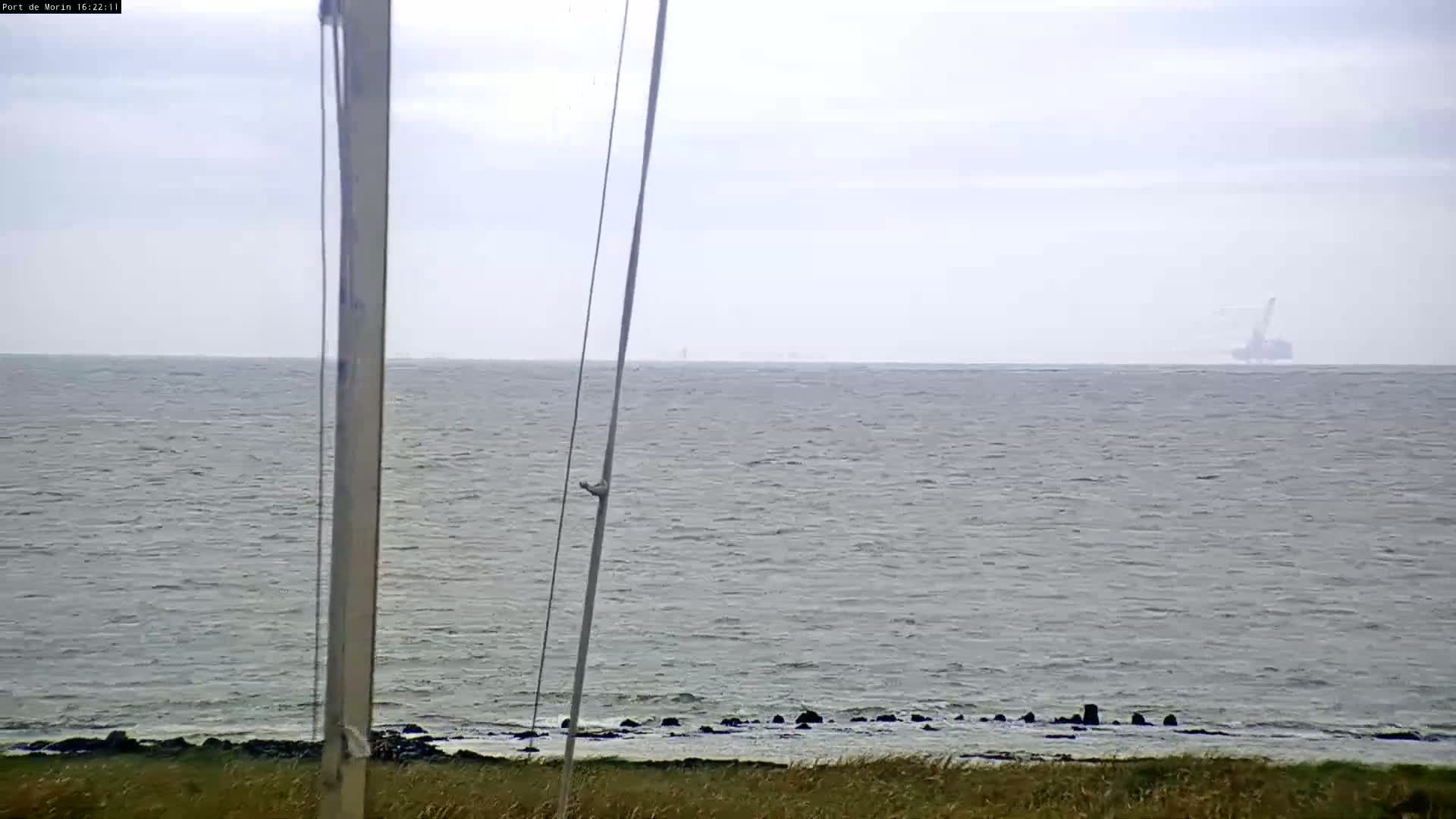 A gray, overcast day shows a calm sea with a distant ship and a partially visible shoreline with grass in the foreground.