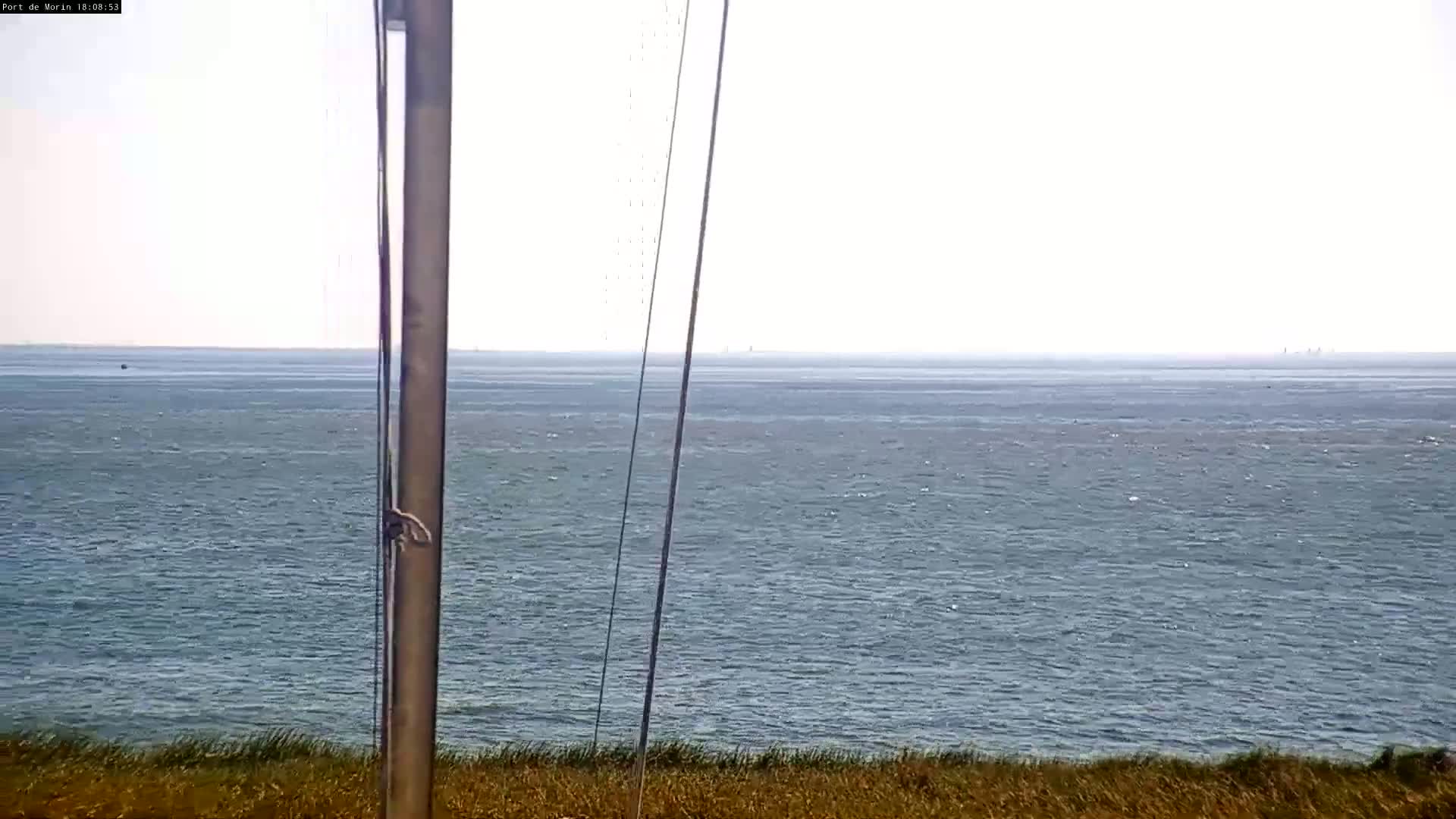 A hazy view of a calm ocean is seen from a grassy clifftop, partially obscured by a tall pole.