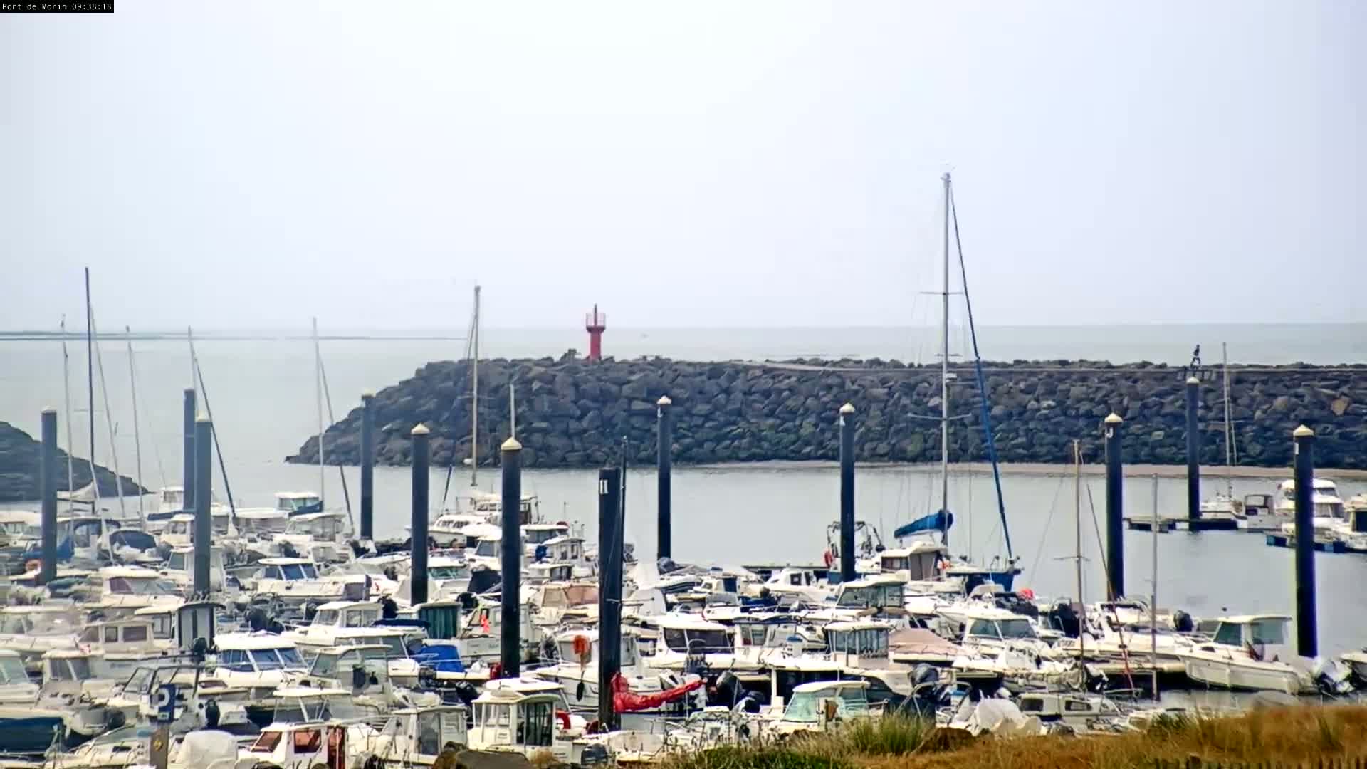 A harbor filled with numerous boats of various sizes is protected by a rock wall, under an overcast sky.