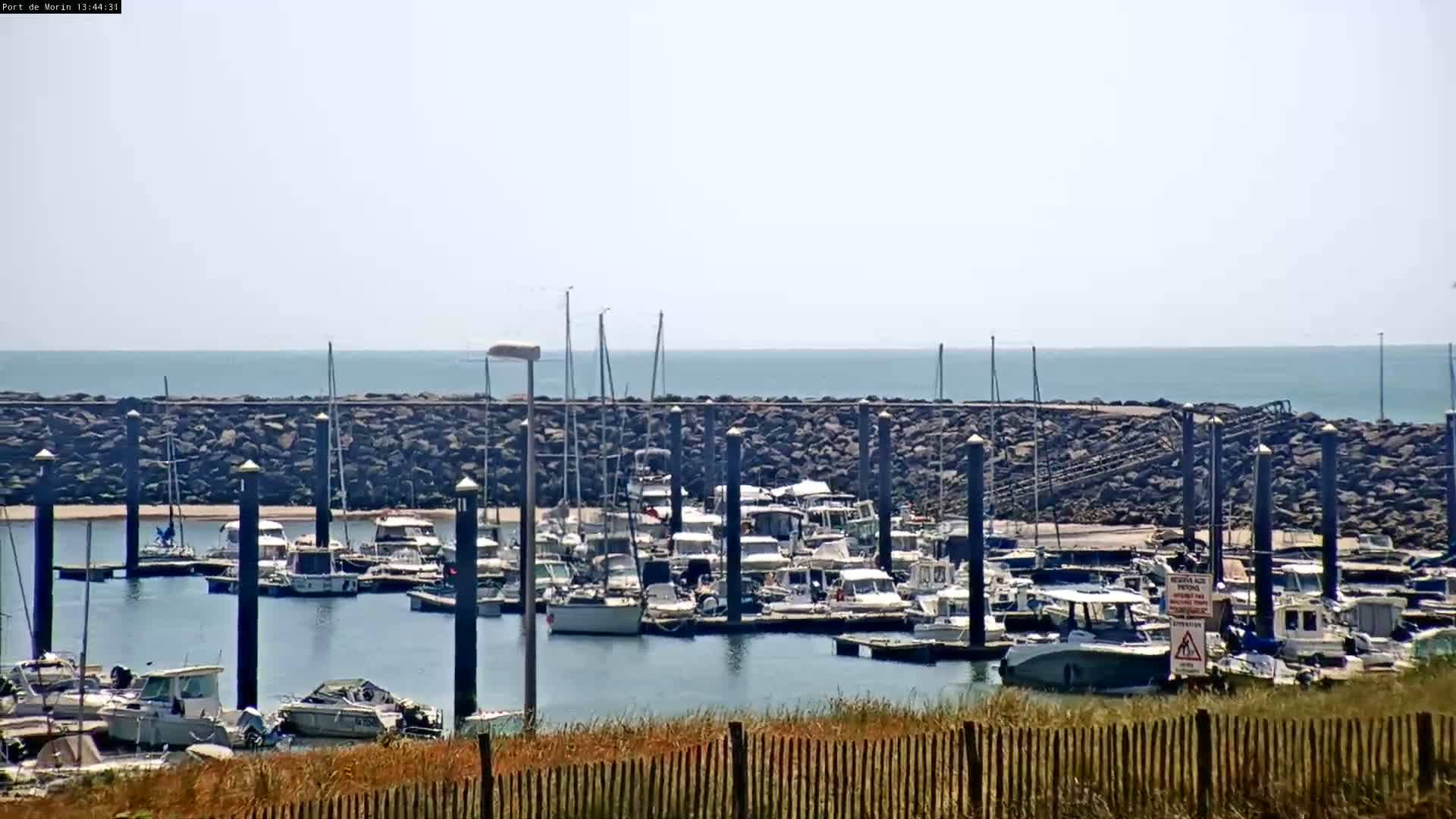 A calm sea under a clear sky is seen beyond a marina filled with many docked sailboats and motorboats.