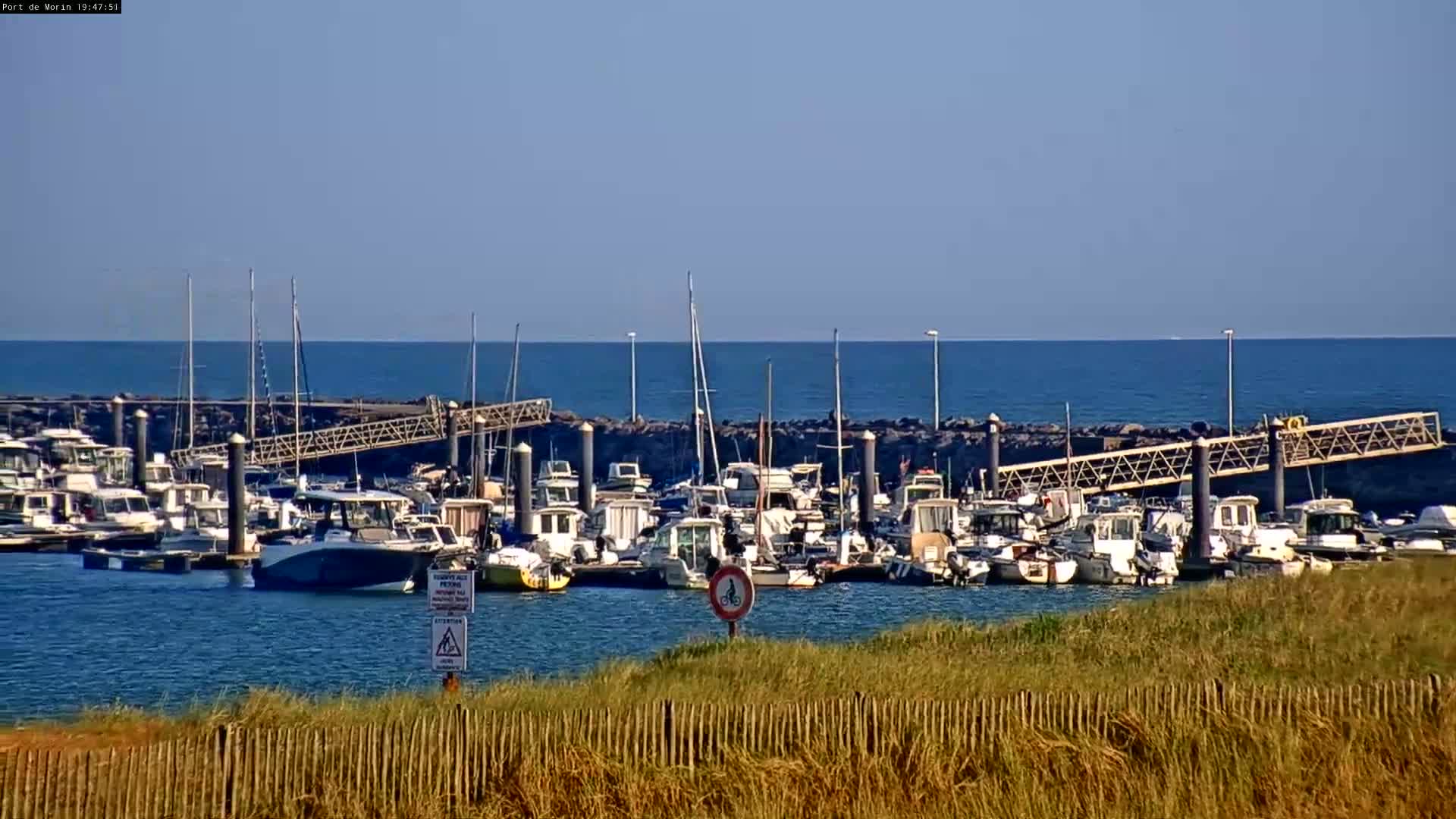 Many boats are docked at a marina on a calm, sunny day with a clear blue ocean in the background.