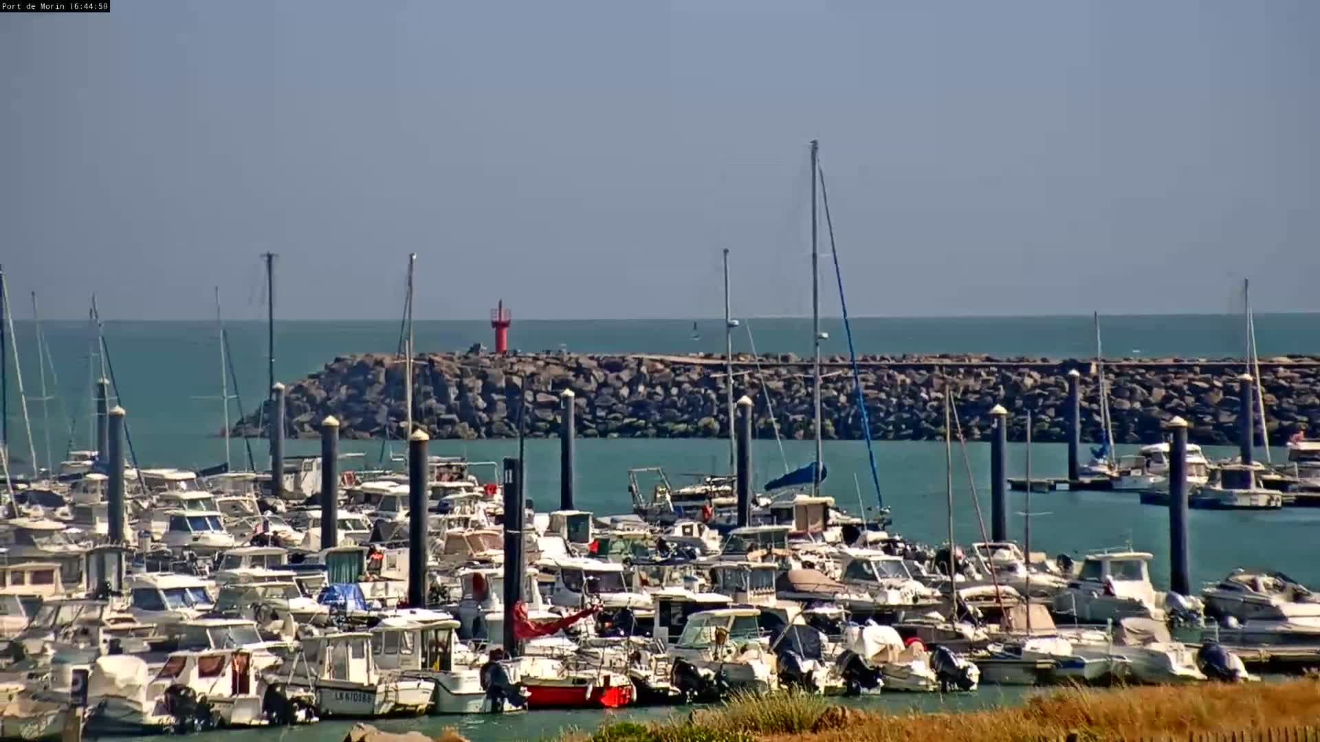 A marina filled with numerous boats is situated before a rocky breakwater on a calm, sunny day.