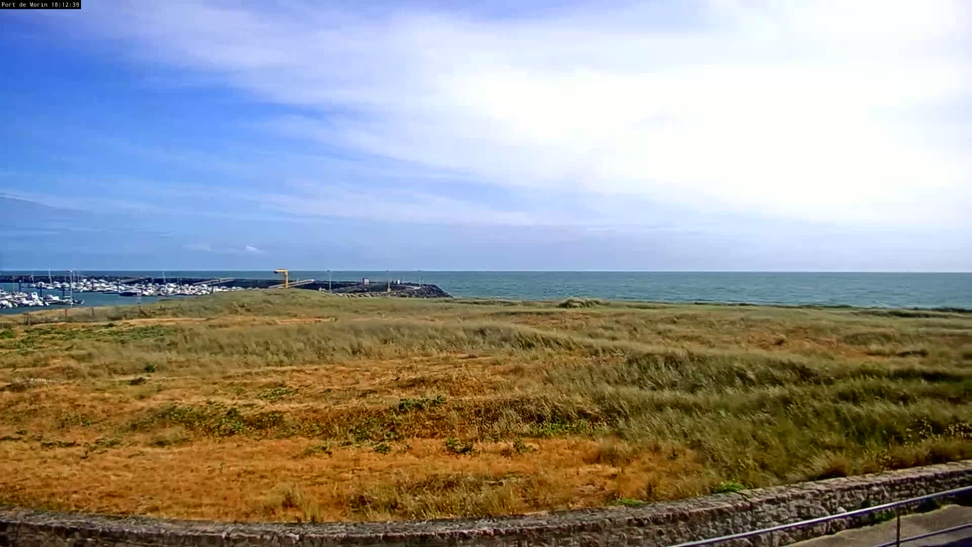 A mostly sunny day shows a view of a grassy field overlooking a calm ocean with a harbor full of boats in the distance.