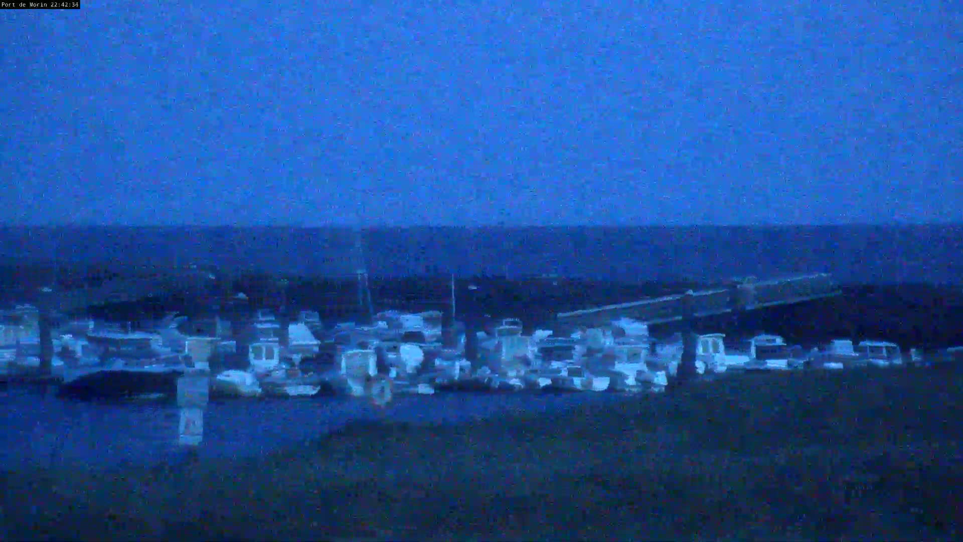 A dark blue nighttime scene shows a collection of boats docked at a marina under a twilight sky.