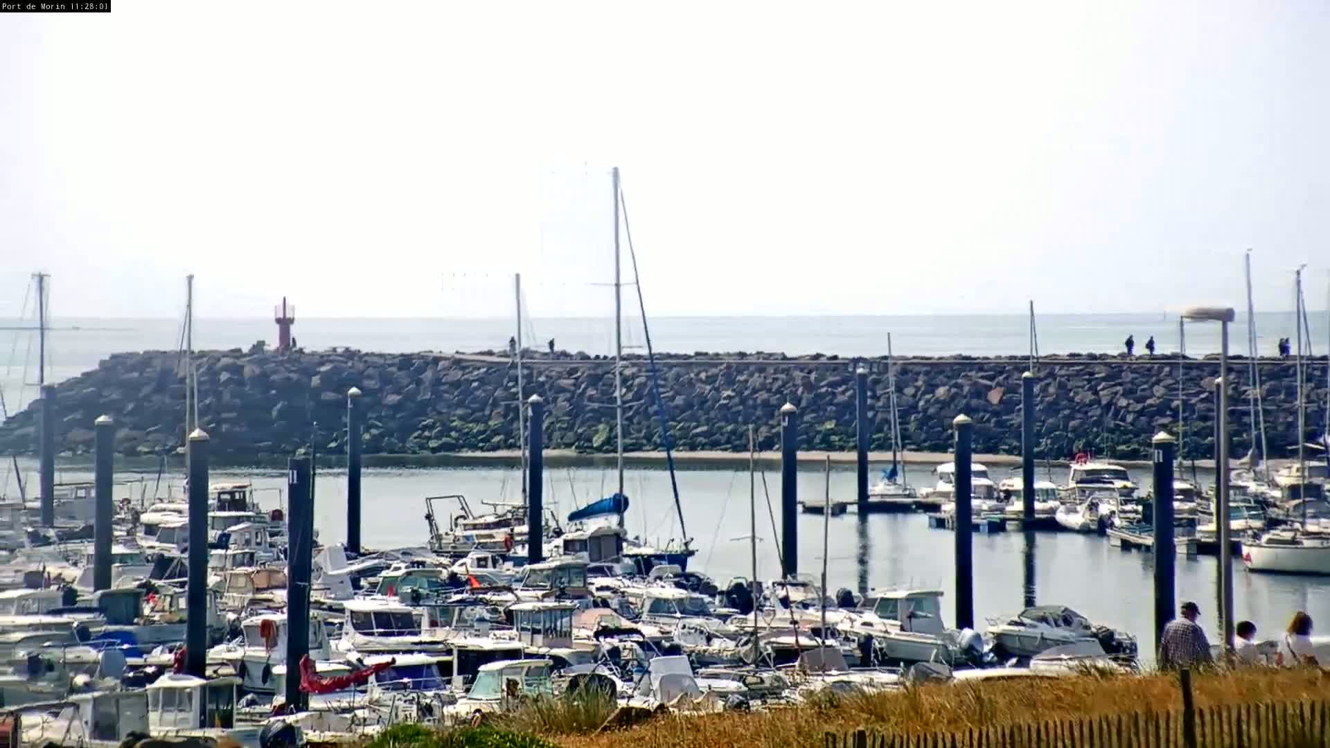 A harbor filled with numerous boats is situated behind a low, rocky wall bordering a calm sea under a hazy sky.