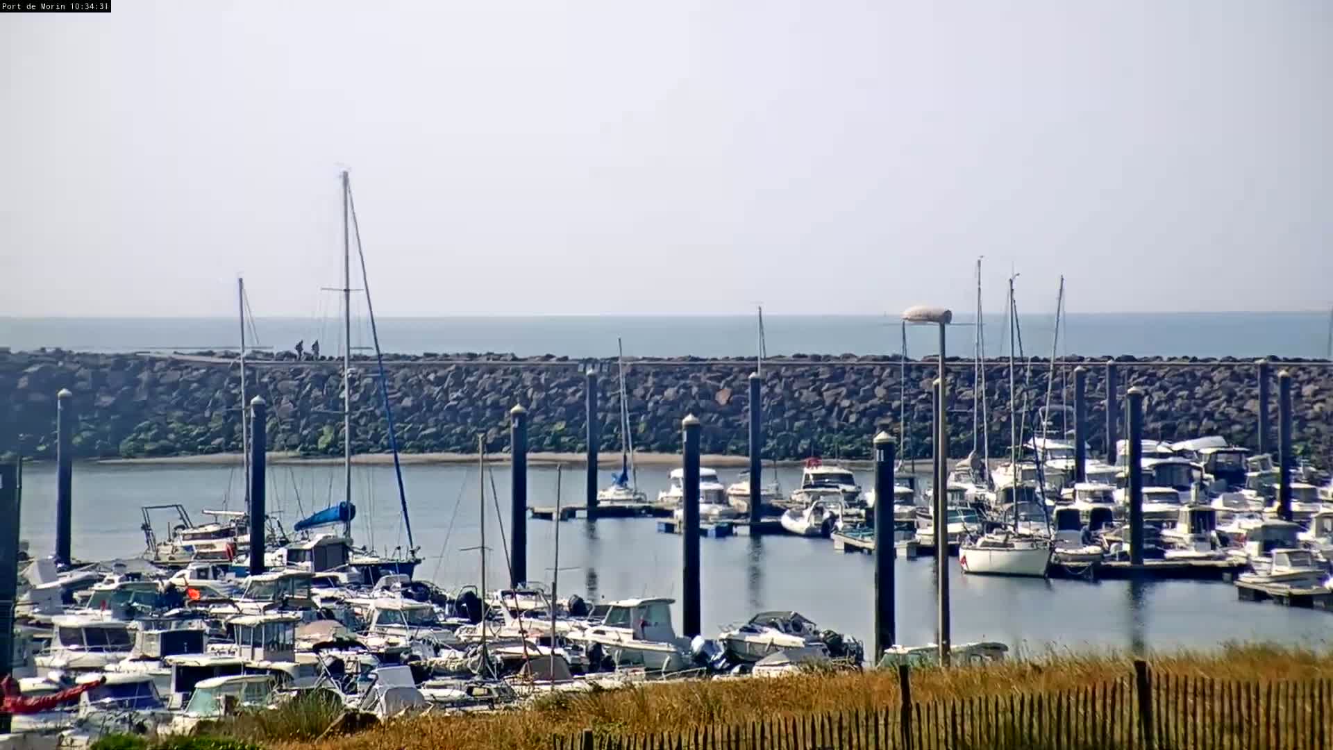 Many boats are docked in a calm harbor on a clear, sunny day, behind a rock wall and overlooking the ocean.