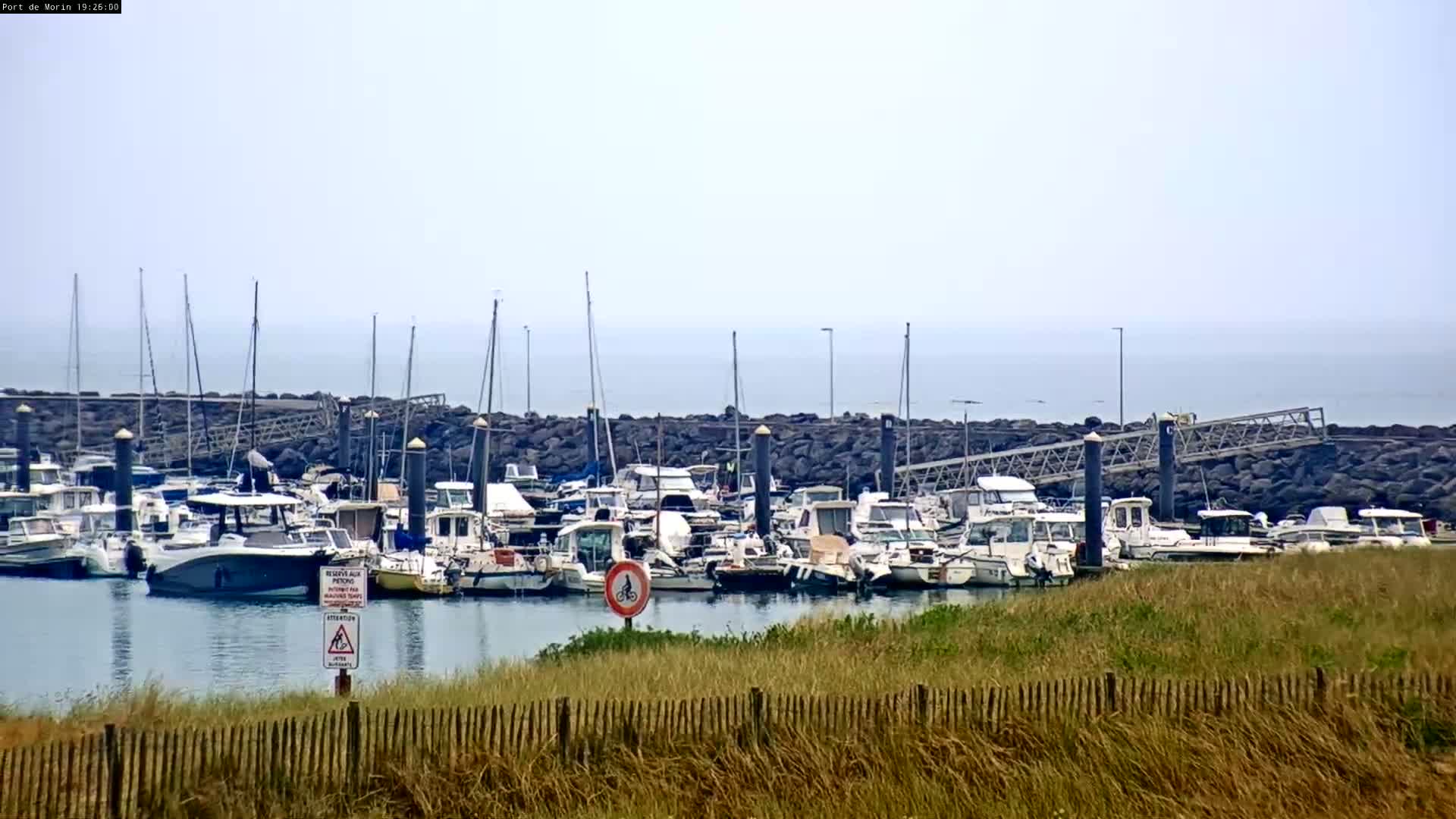 Many boats are docked in a harbor on a hazy day.
