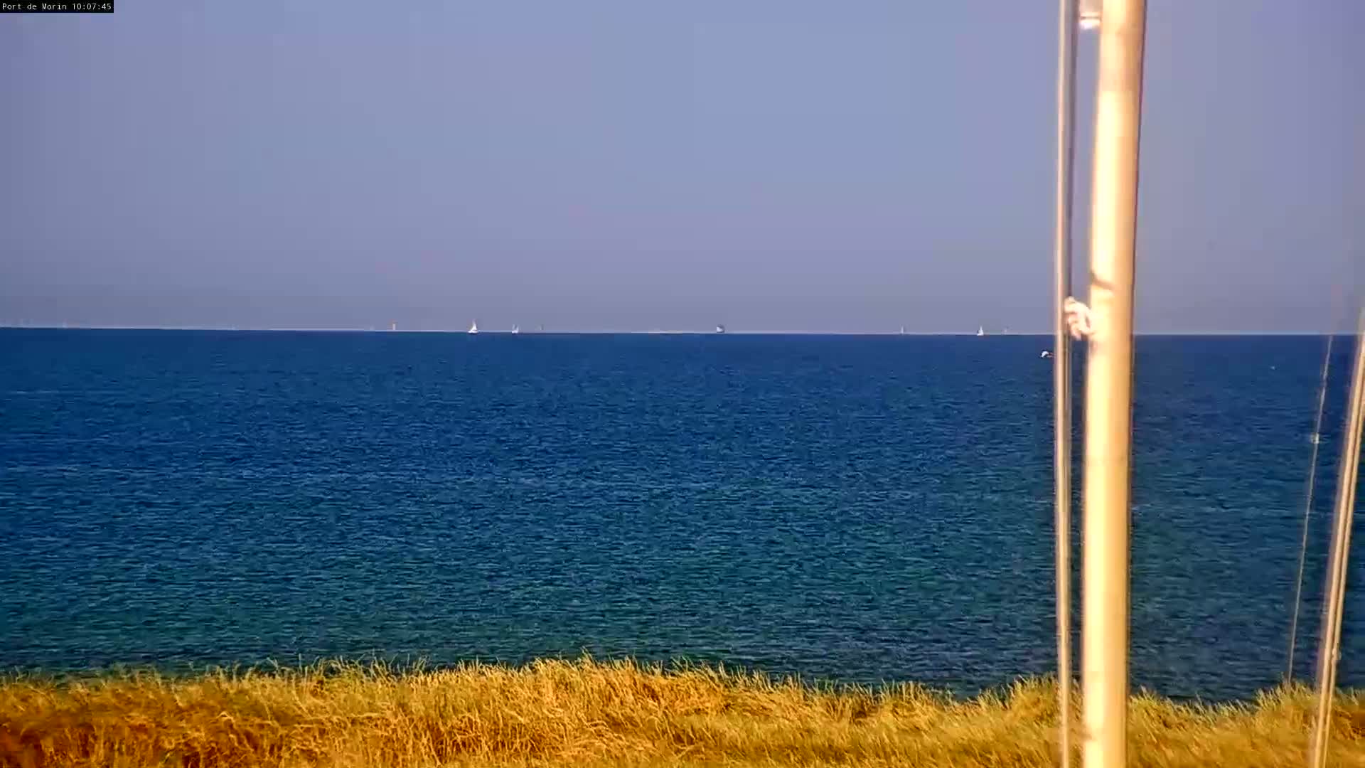 A calm, blue ocean stretches to the horizon, where several small sailboats are visible, with golden-brown grasses in the foreground.
