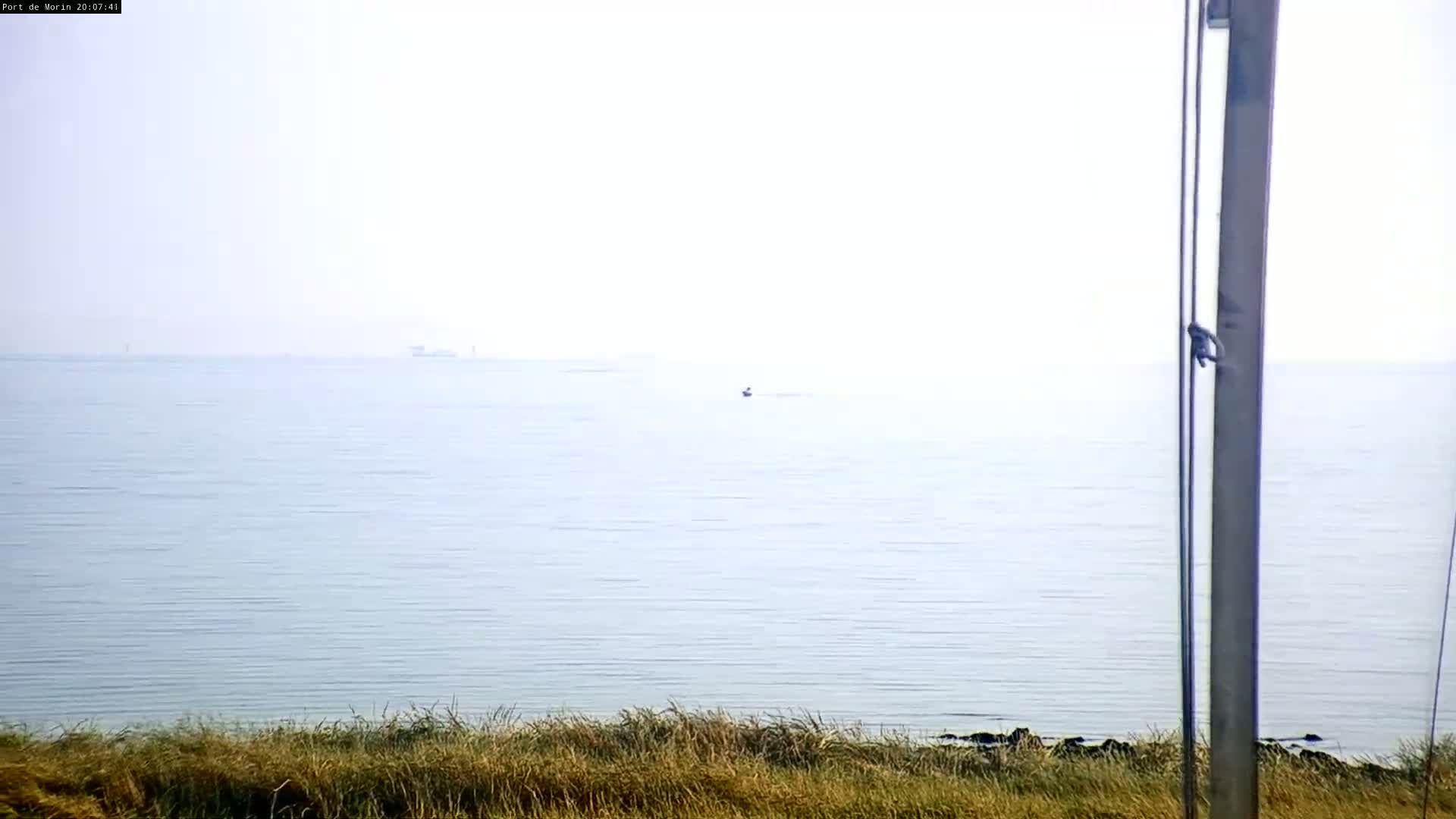 A hazy, calm body of water is seen from a grassy shore, with a small vessel visible in the distance.
