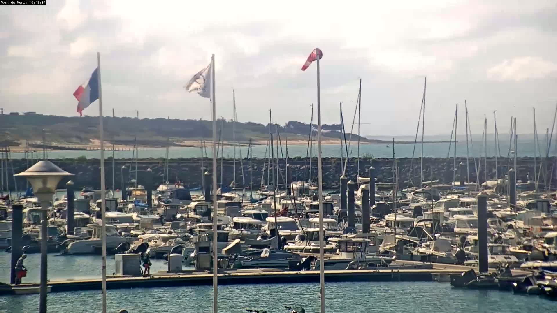A marina filled with numerous boats is seen on a partly cloudy day, with calm water and a sandy shoreline visible in the distance.