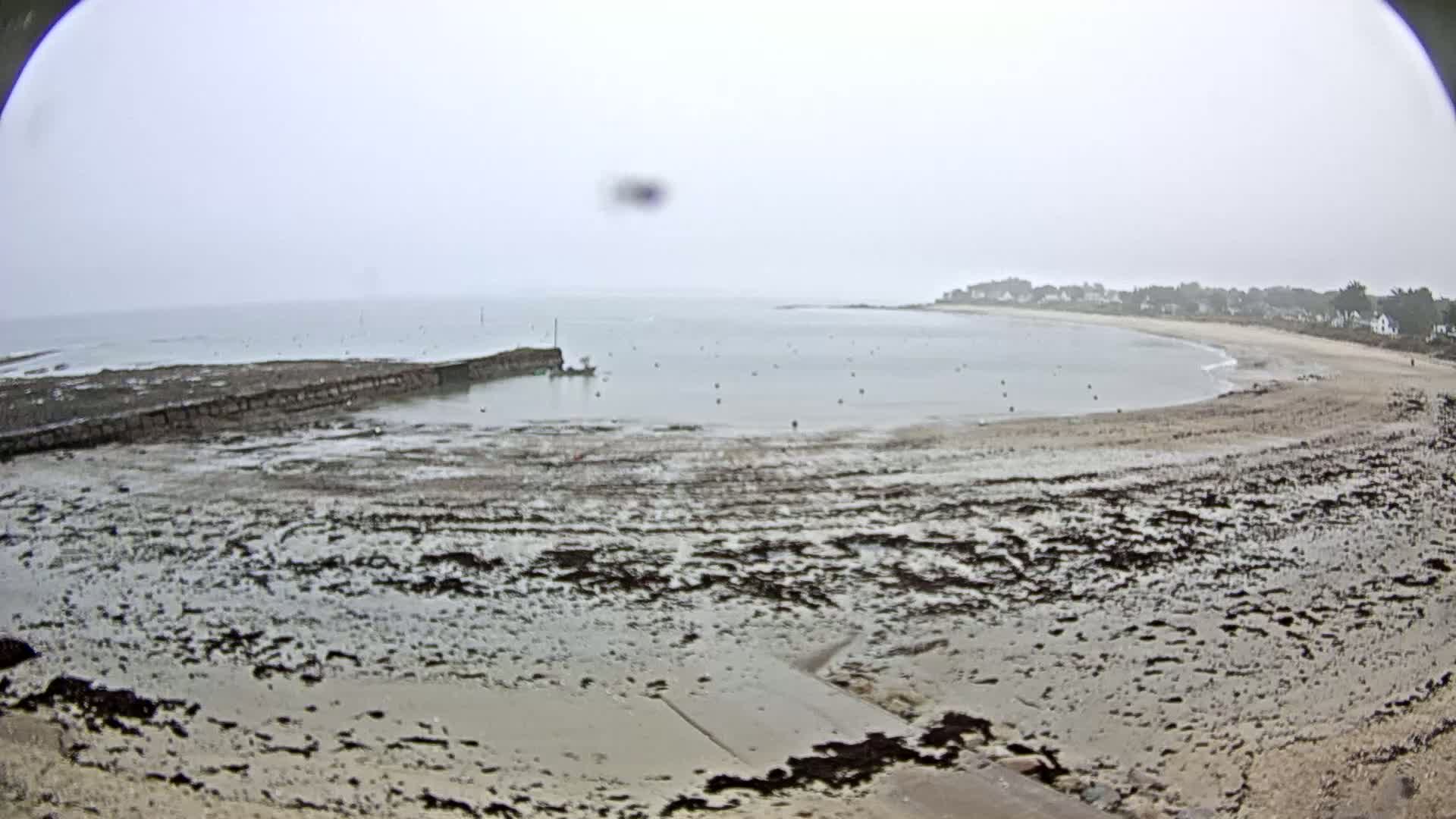 A wide, sandy beach with exposed mudflats and a calm, overcast ocean stretches out to a small coastal town in the distance.