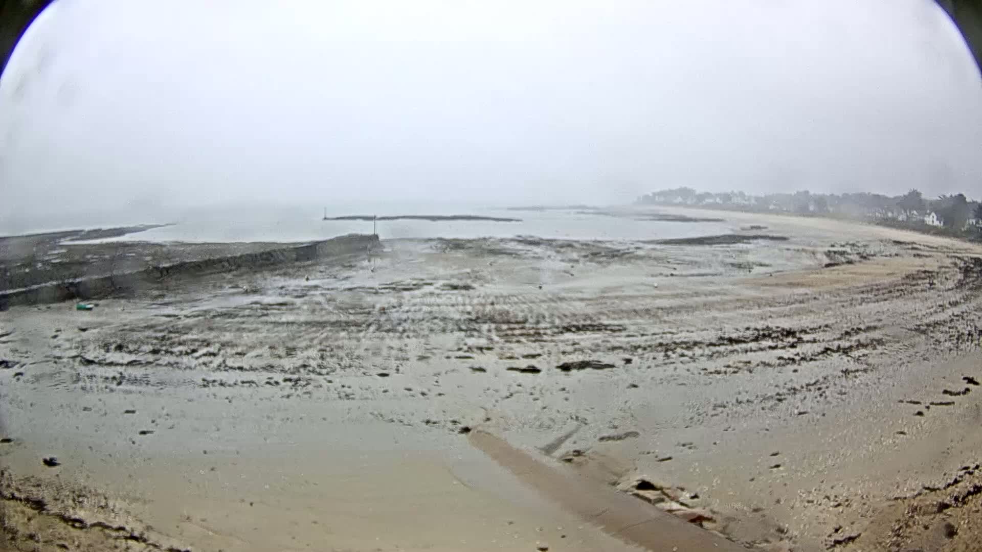 A wide, flat expanse of muddy sand at low tide stretches to a calm, gray sea under an overcast sky.