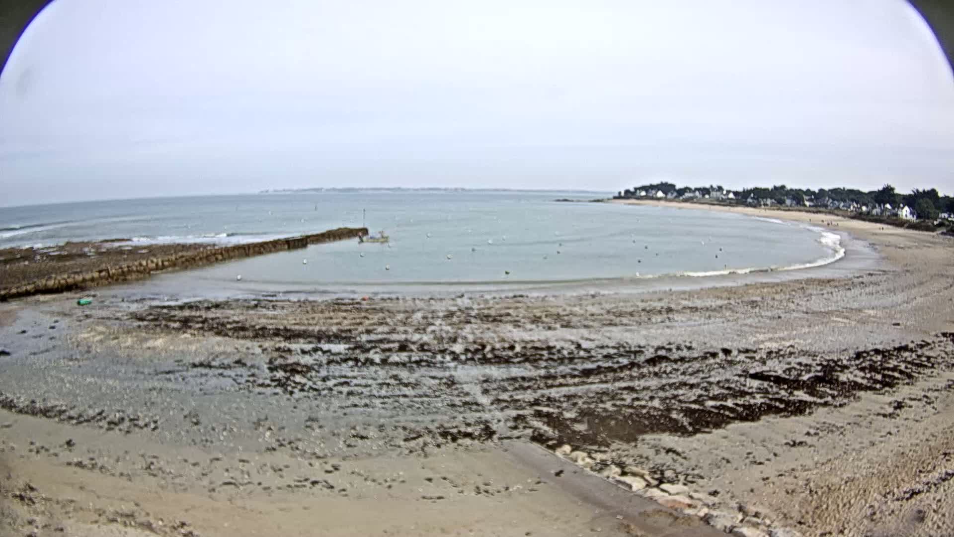 A wide, sandy beach curves around a calm bay under an overcast sky, with a small town visible in the distance.