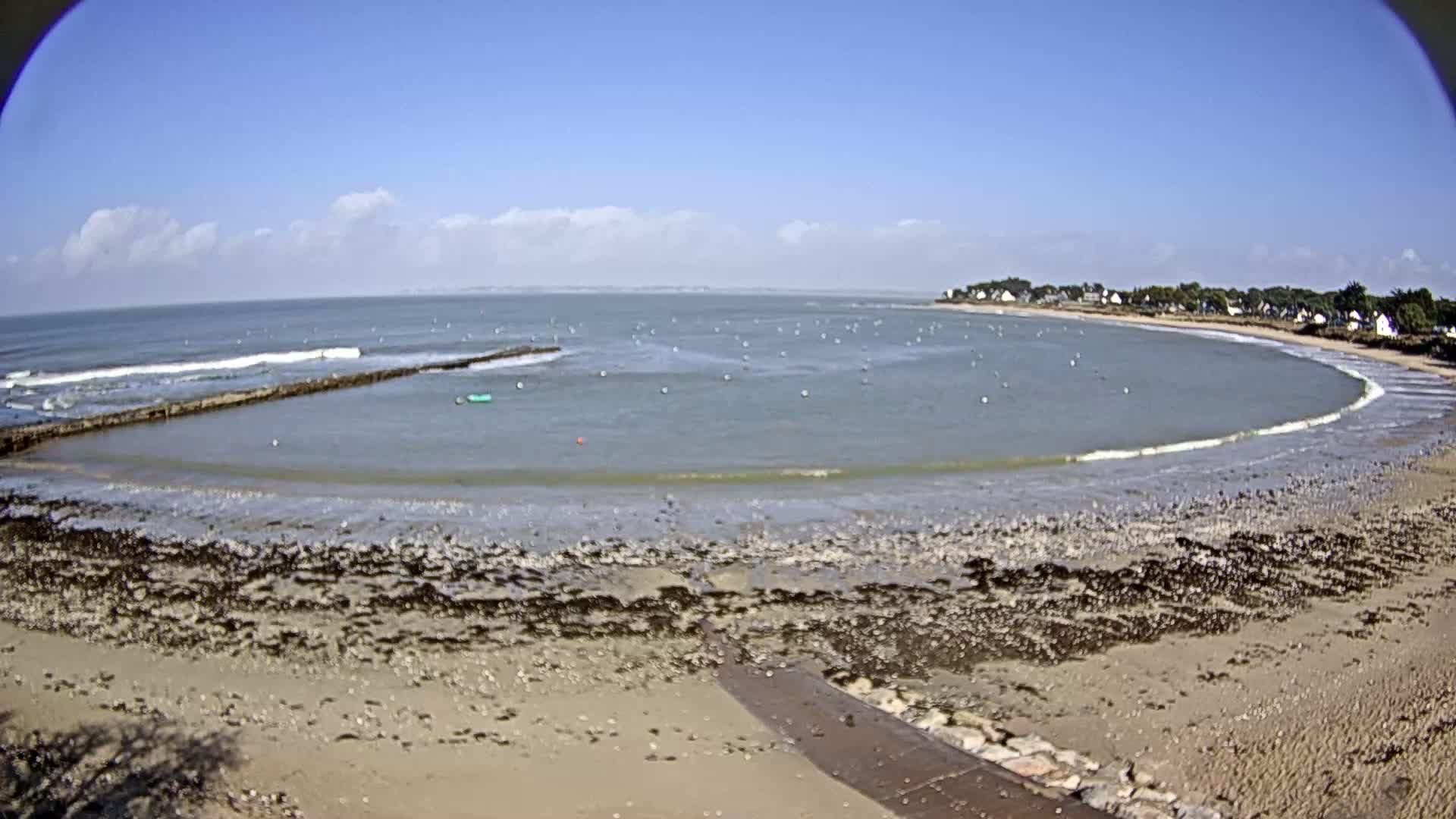 A sandy beach curves around a calm bay under a mostly clear, sunny sky, with small waves lapping the shore.