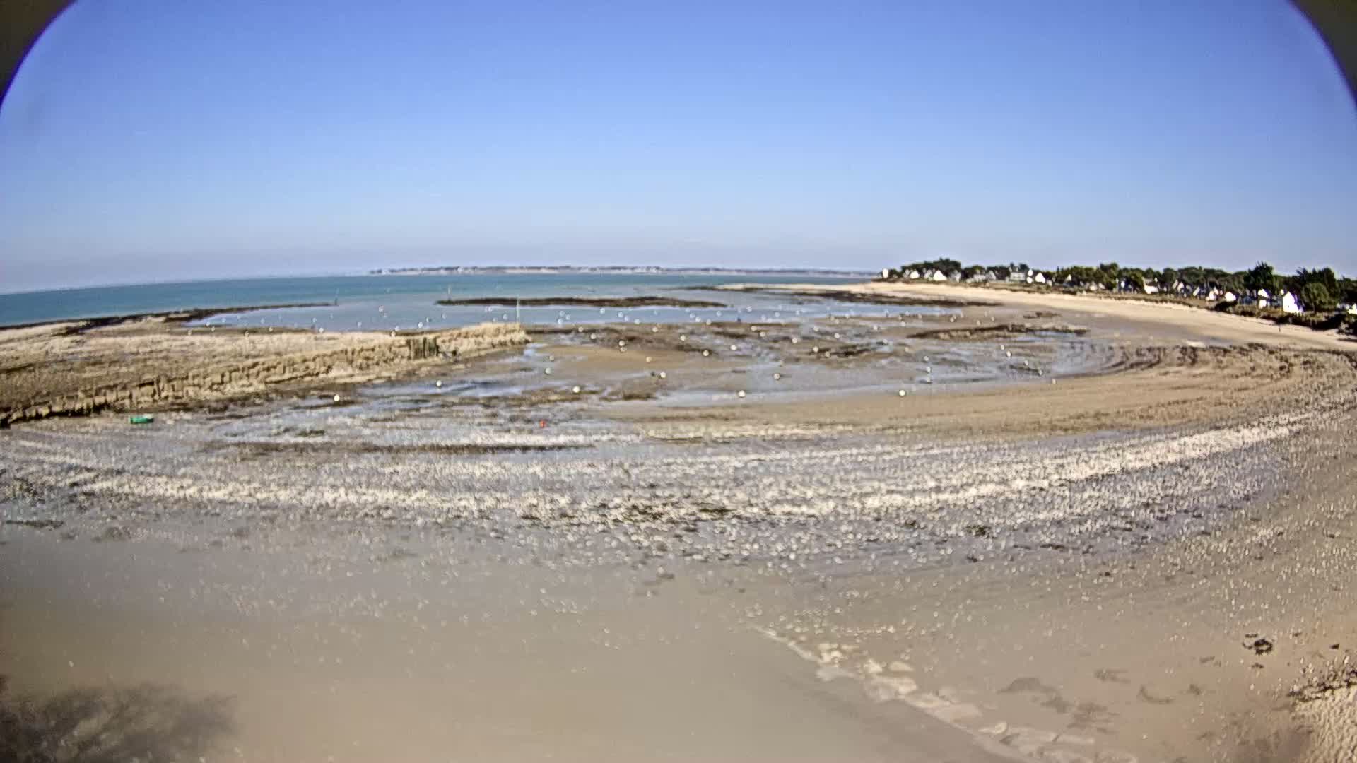 A wide, sandy beach stretches out to a calm, blue ocean under a clear sky, with the tide out, revealing a seabed dotted with rocks and small objects.