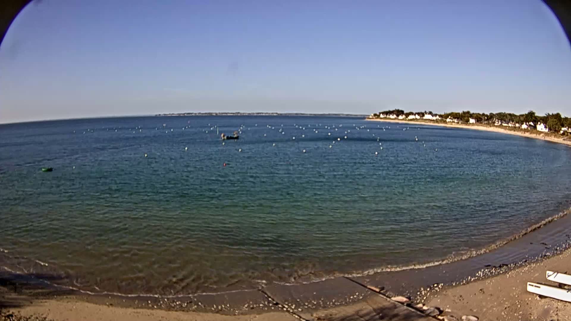 A sandy beach curves gently into a calm, clear ocean dotted with numerous buoys and a small boat under a bright blue sky.