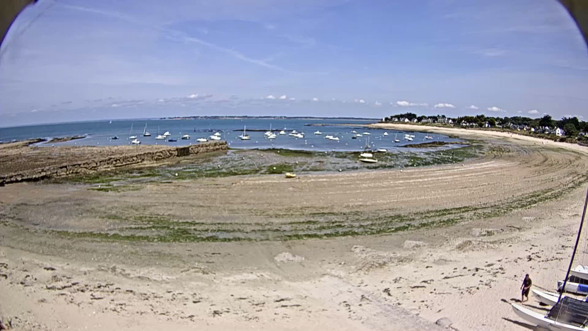 A sandy beach curves around a calm bay dotted with sailboats under a sunny sky.