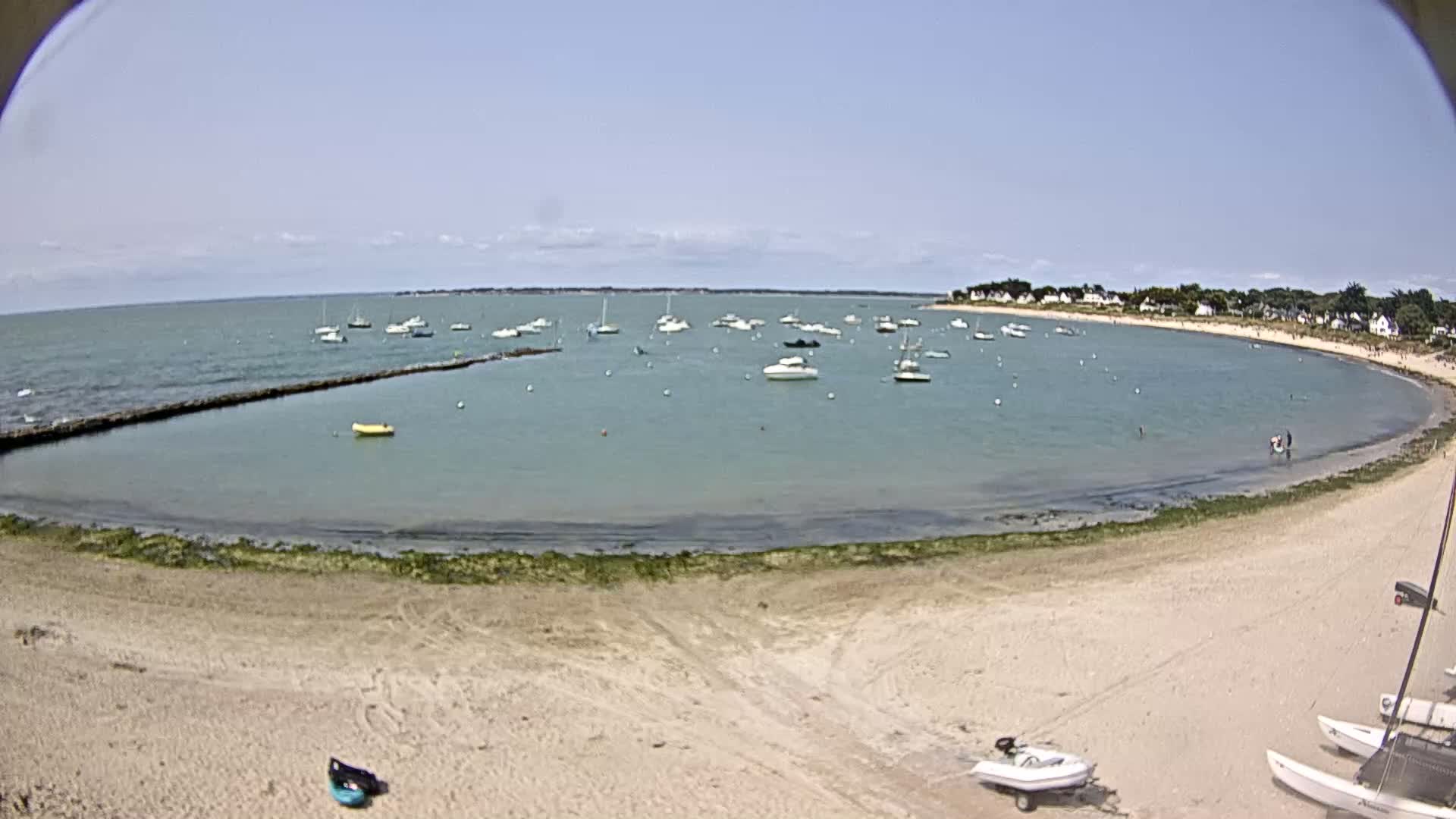 A sandy beach curves around a calm, blue bay dotted with numerous small boats under a clear, sunny sky.