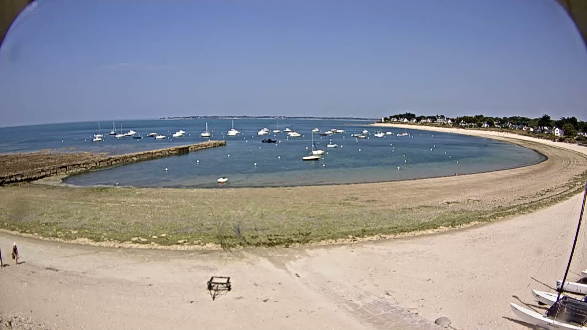 A sandy beach curves around a calm bay filled with sailboats under a clear blue sky.