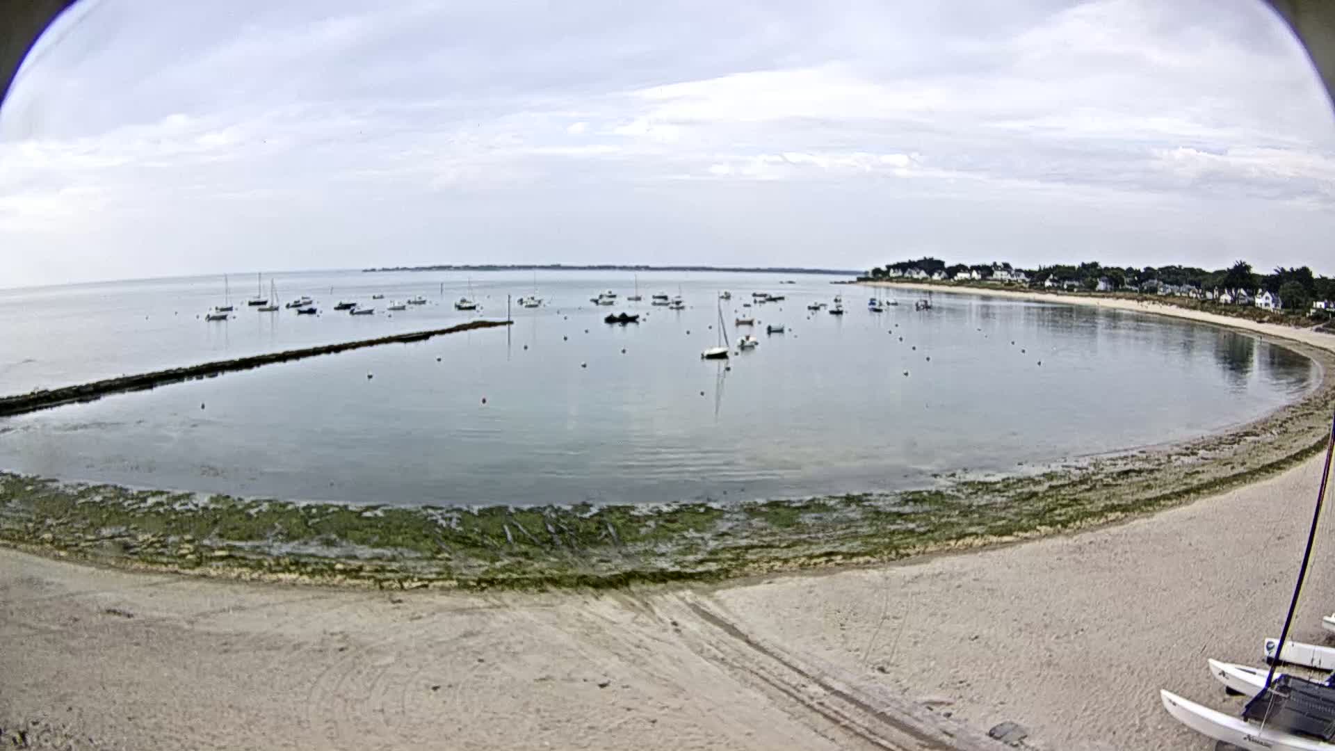 A calm bay with numerous boats is partially enclosed by a sandy beach with green seaweed at the waterline under a mostly cloudy sky.
