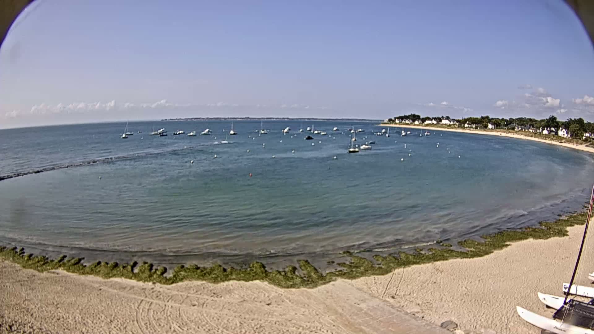 A sandy beach with seaweed at the waterline curves around a calm, clear bay containing numerous small sailboats under a mostly sunny sky.